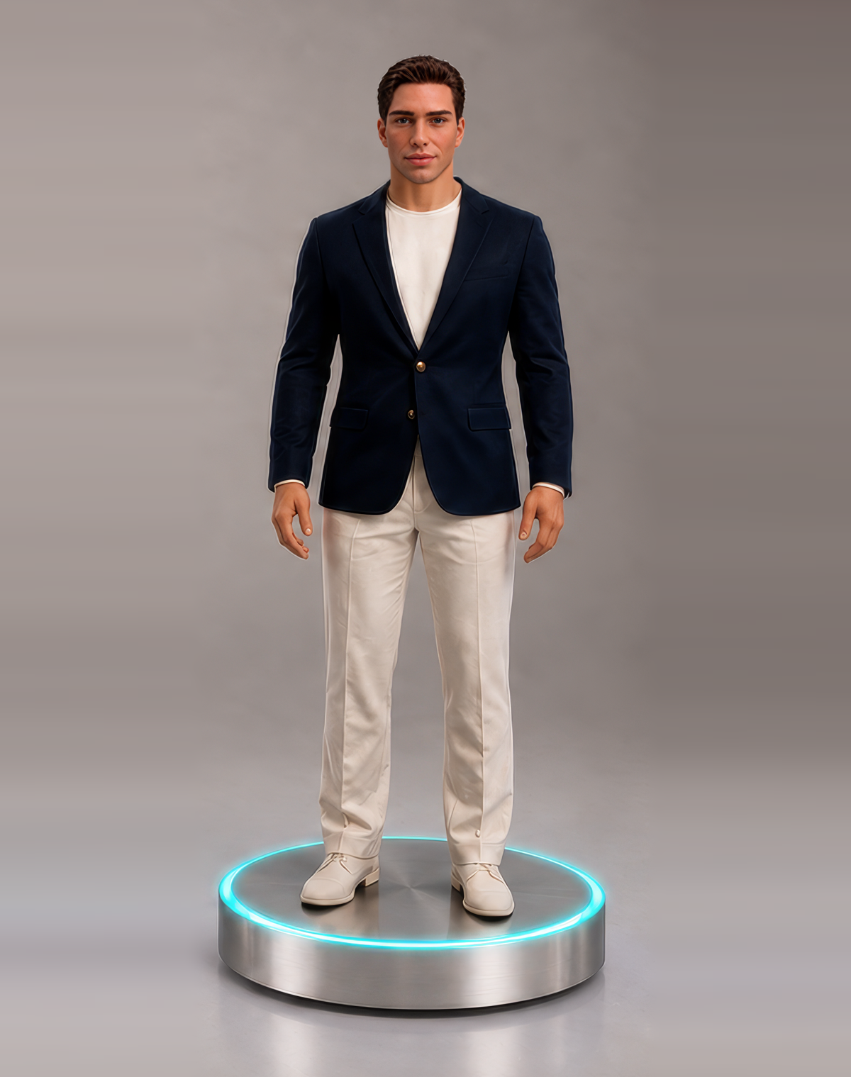 Amar Echo Full-body humanoid robot in a navy blazer and cream trousers, standing on its illuminated base