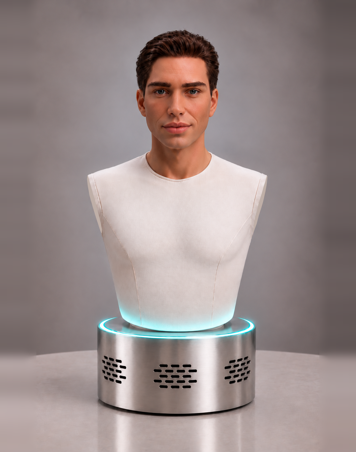Amar Echo Tabletop humanoid robot with short dark hair on a silver base