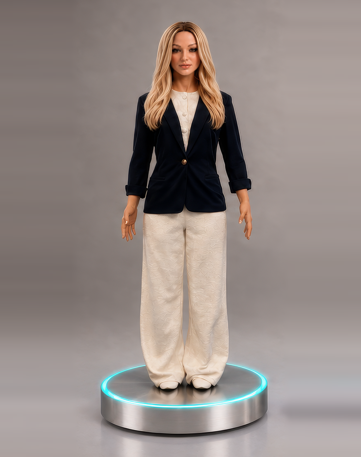 Aria Echo Full-body humanoid robot in a navy blazer and cream trousers, standing on its illuminated base