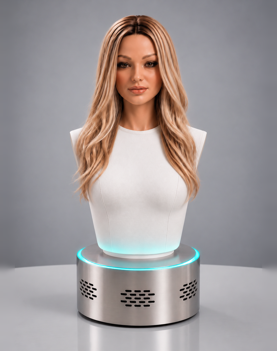 Aria Echo Tabletop humanoid robot with long wavy blonde hair on a silver base