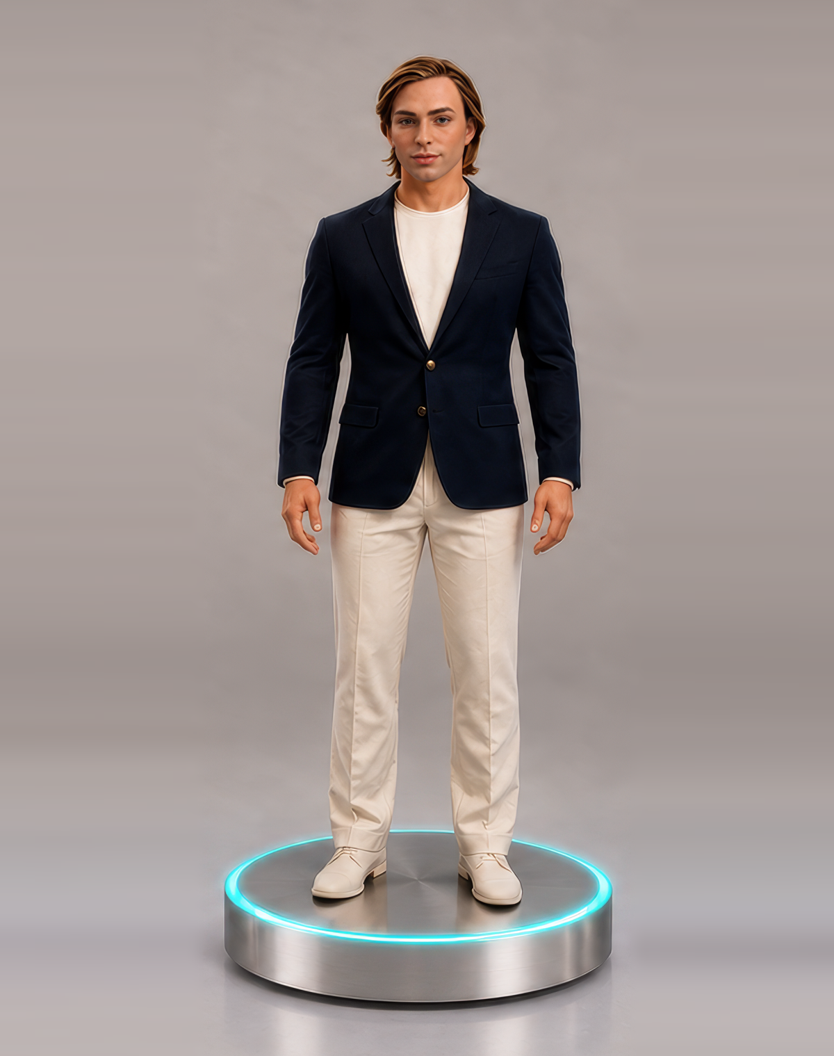 Dave Echo Full-body humanoid robot in a navy blazer and cream trousers, standing on its illuminated base