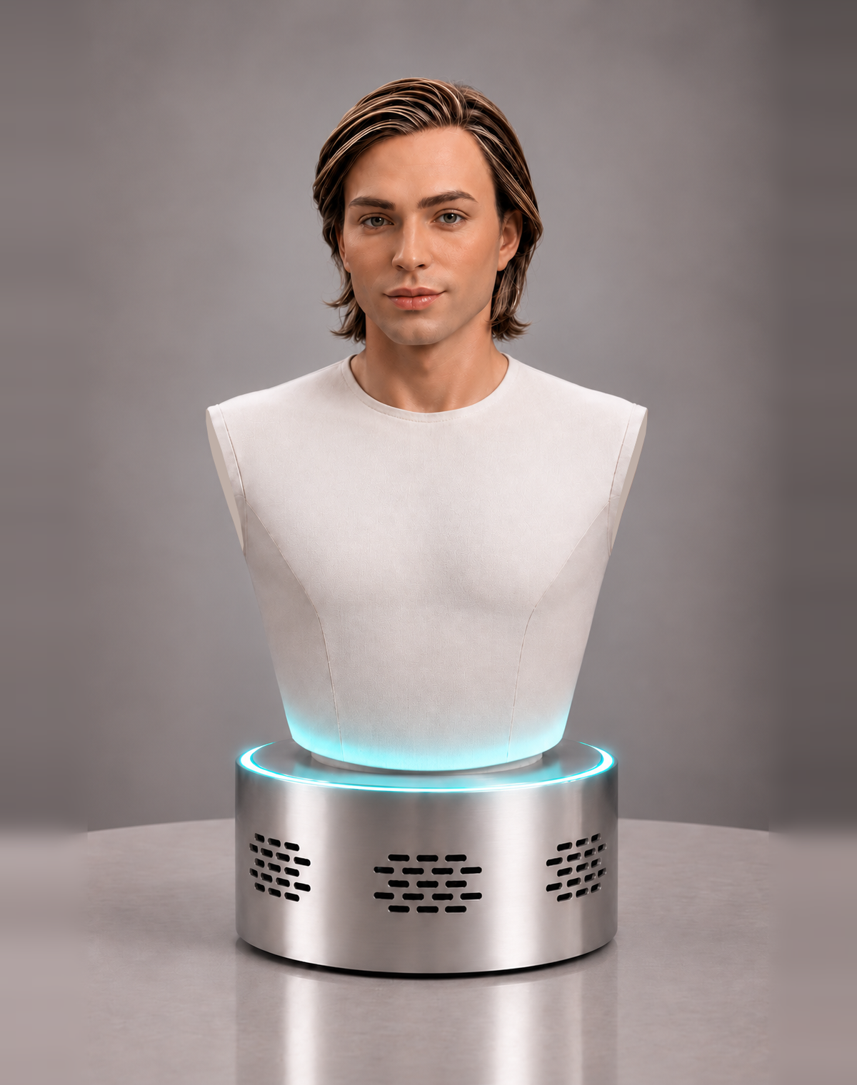 Dave Echo Tabletop humanoid robot with shoulder-length brown hair on a silver base