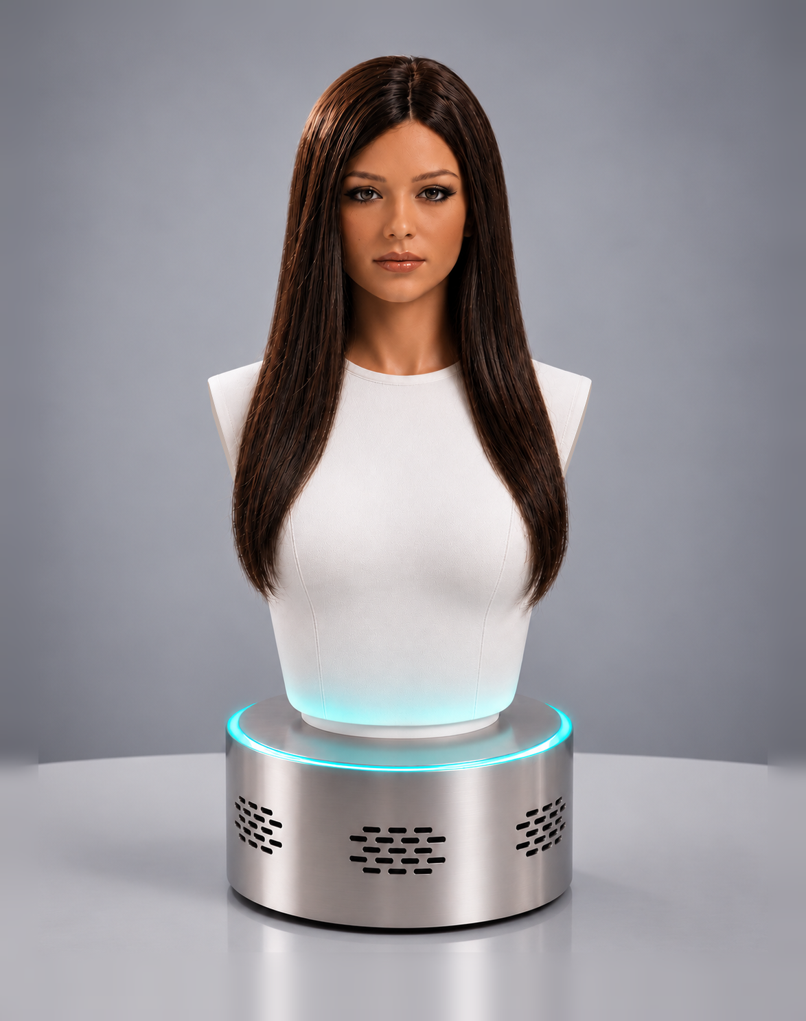Mila Echo Tabletop humanoid robot with long straight dark hair on a silver base